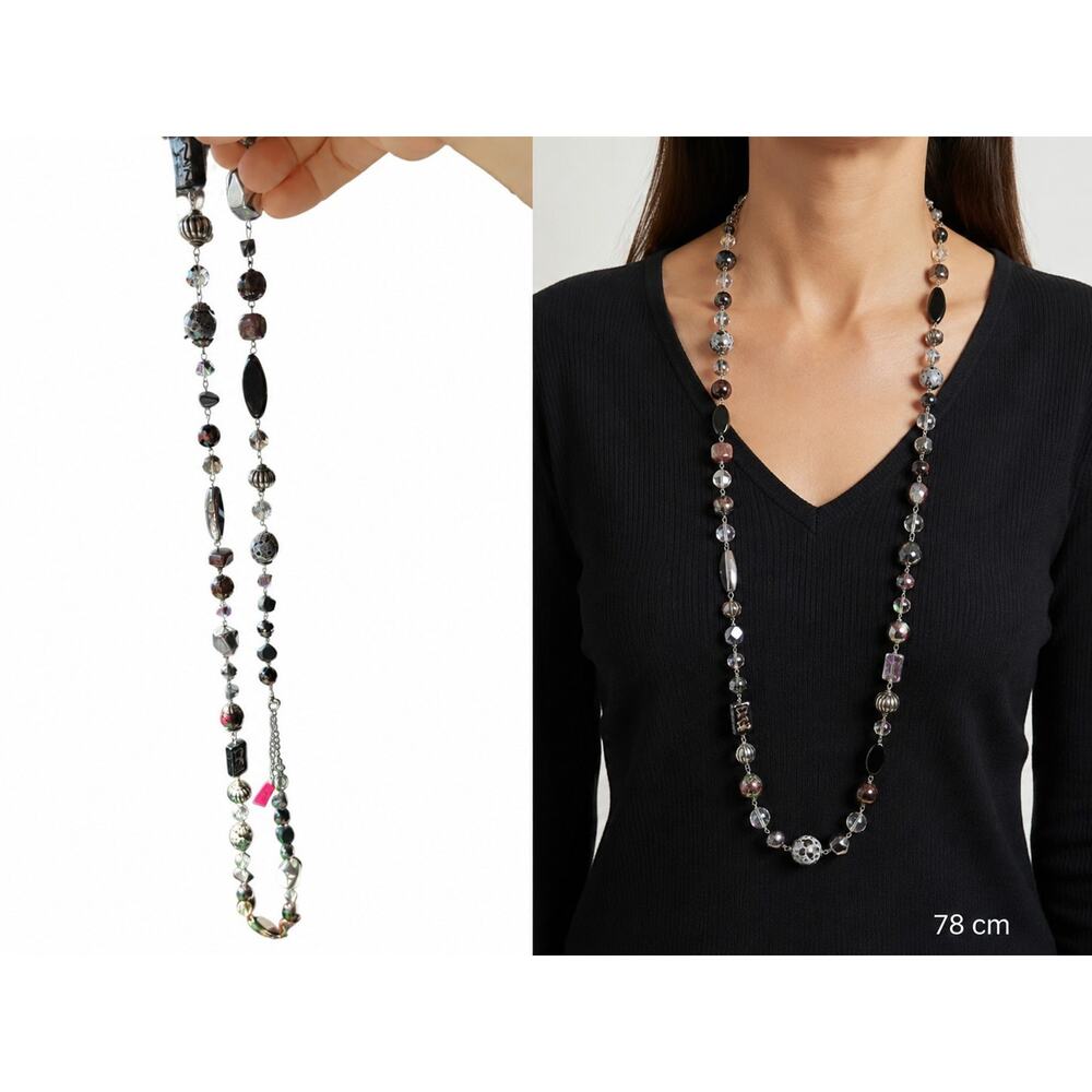 Artisan Mixed Bead Long Necklace Silver Tone Crystal Statement 78cm